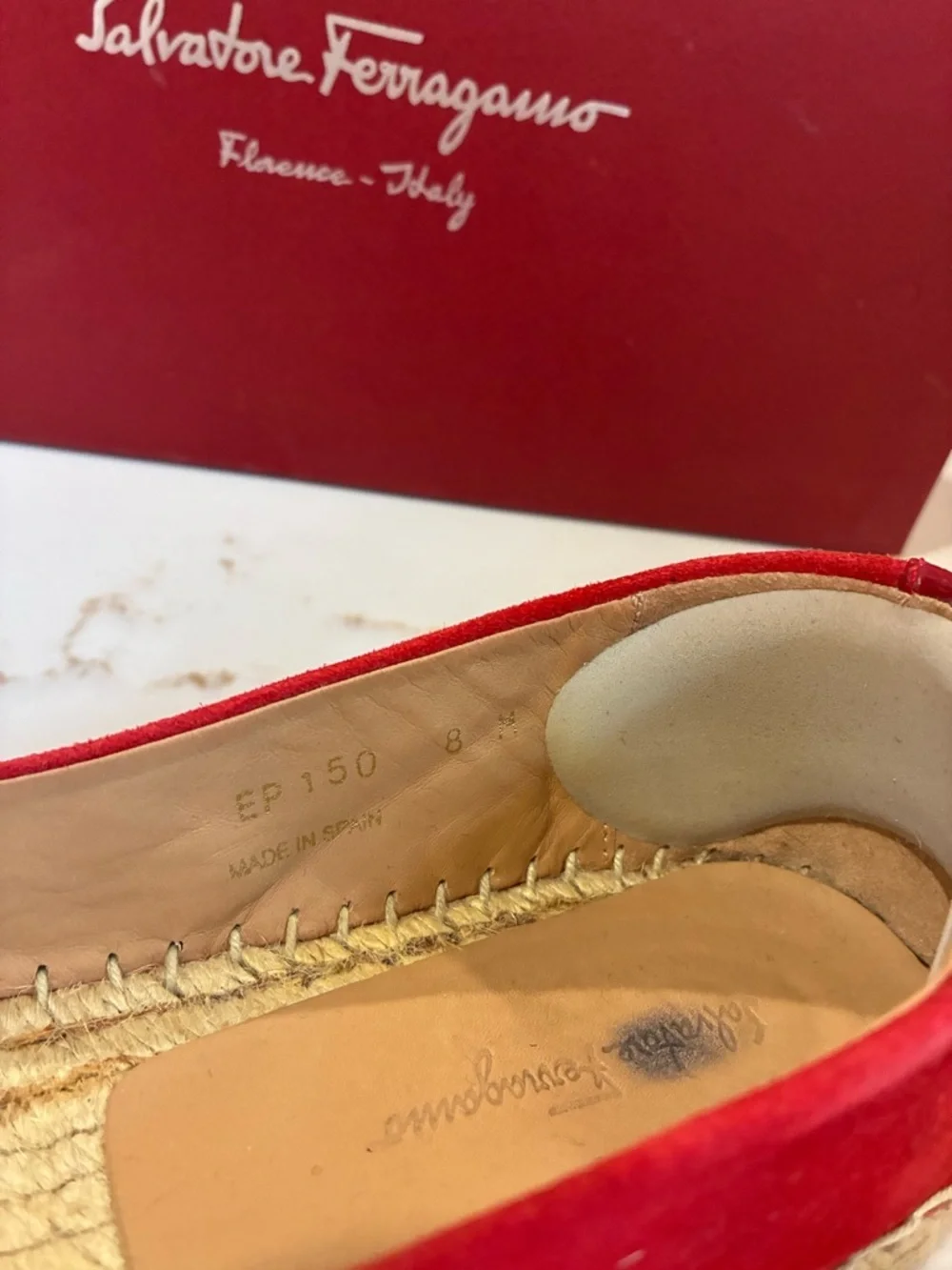 Salvatore Ferragamo red suede espadrille flats with a bow